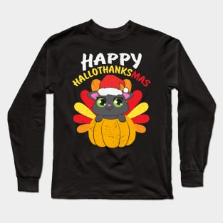 Happy Hallo Thanksmas Cute Cat Wearing Santa Hat Pumpkin Turkey Gift Long Sleeve T-Shirt